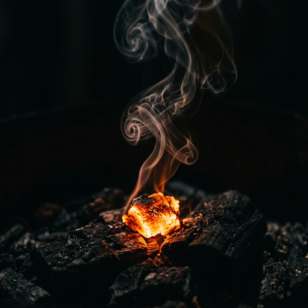 Glowing ember on charred wood with curling smoke rising