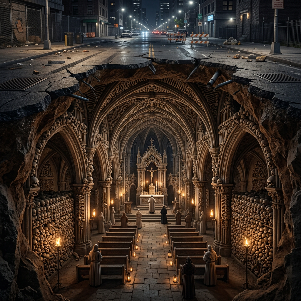 Gothic-style underground chapel with skull walls below a cracked city street and people praying