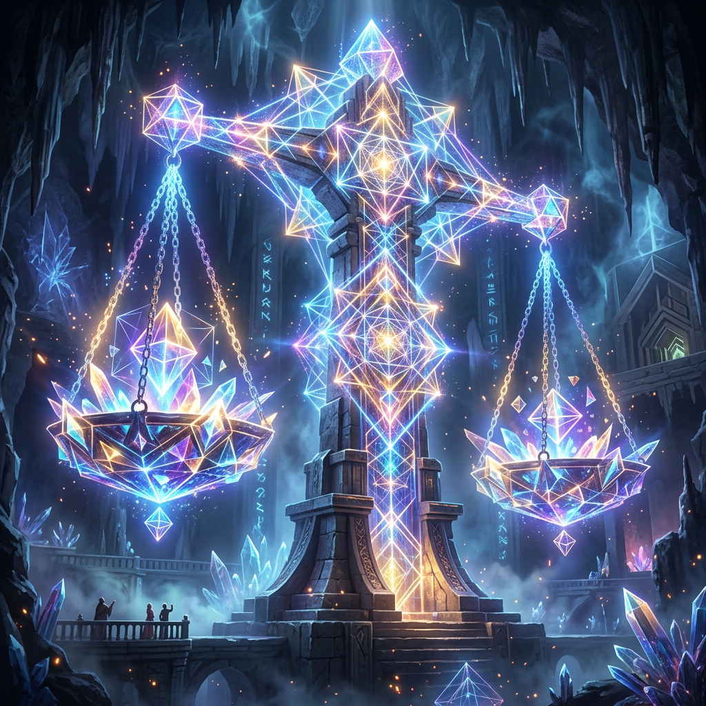 Giant luminous balance scales made of crystals in a dark cavern