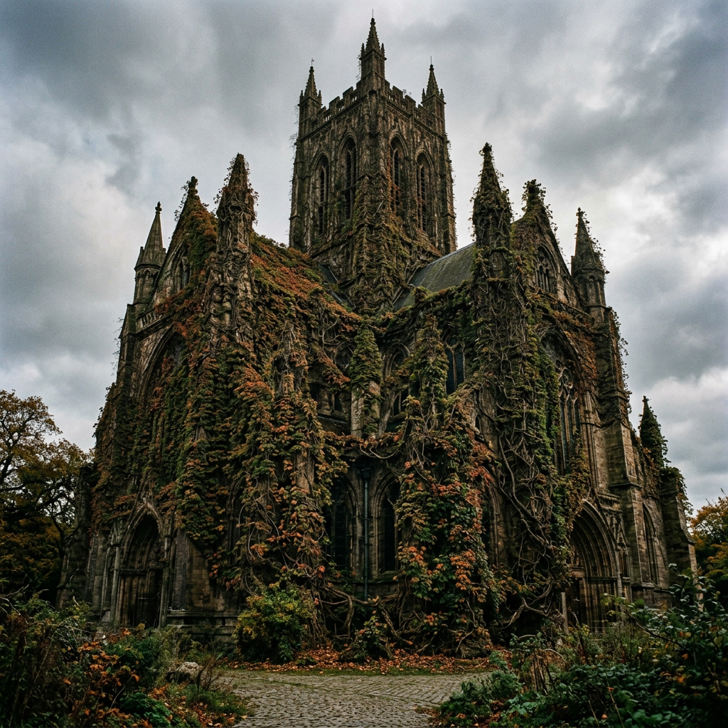 Gothic cathedral with thick ivy covering stone walls under overcast sky