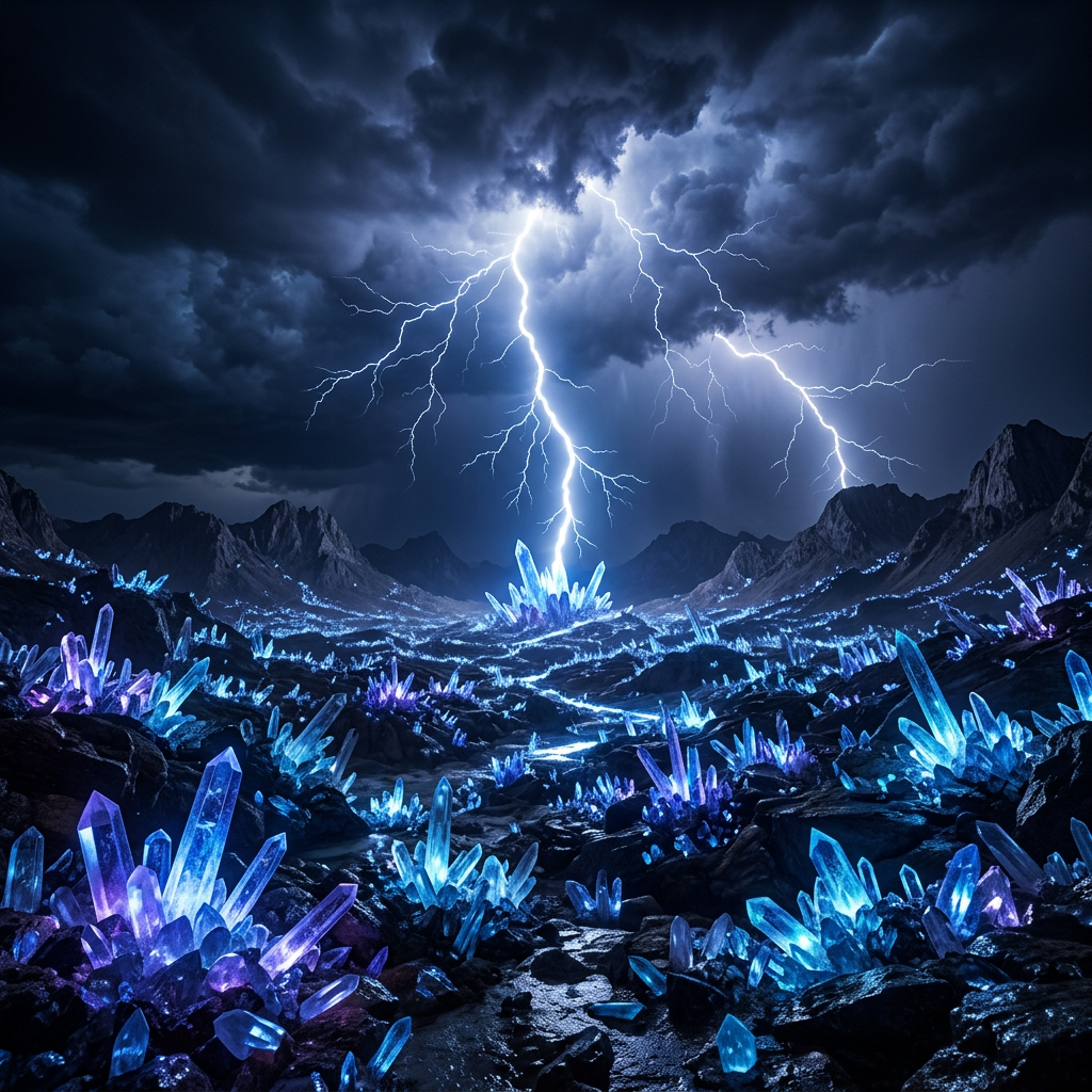 Valley with glowing blue crystals and multiple lightning bolts striking under dark storm clouds