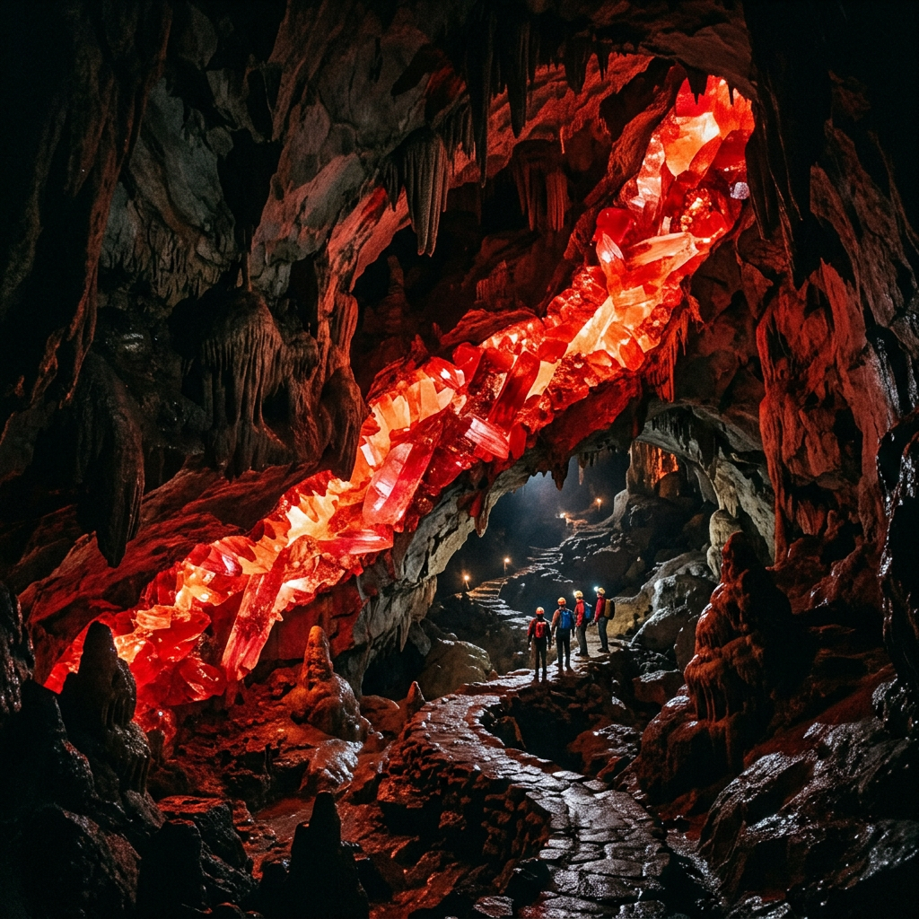 Four explorers standing on a stone path inside a cave with large glowing red crystals