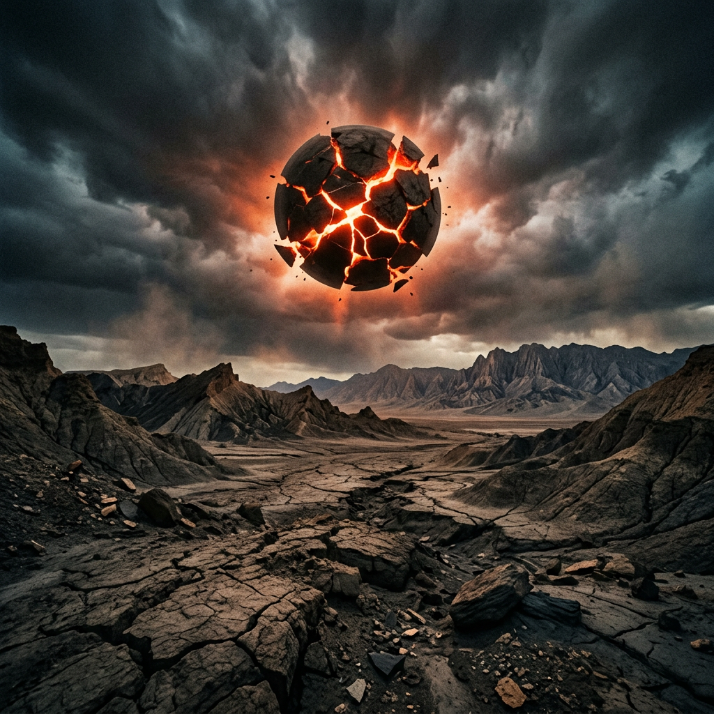 Glowing cracked sphere emitting fiery light floating over a barren rocky desert with mountains in the background