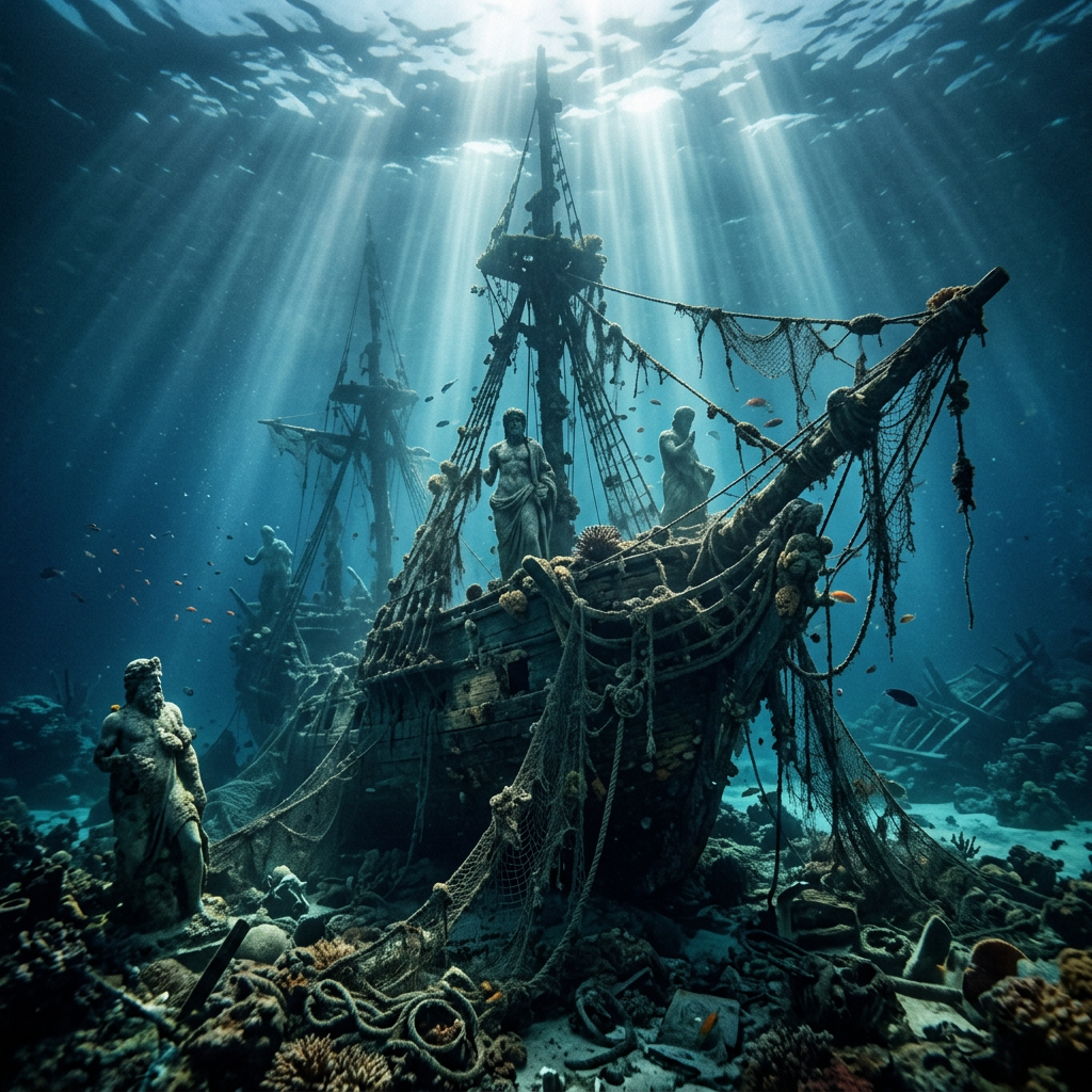 A sunken wooden ship covered with ropes, nets, and statues on the ocean floor.
