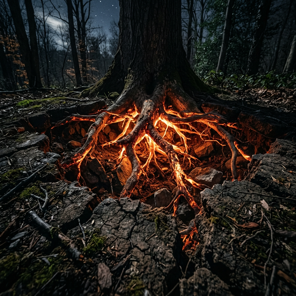 Large tree roots glowing with orange light in a dark forest clearing