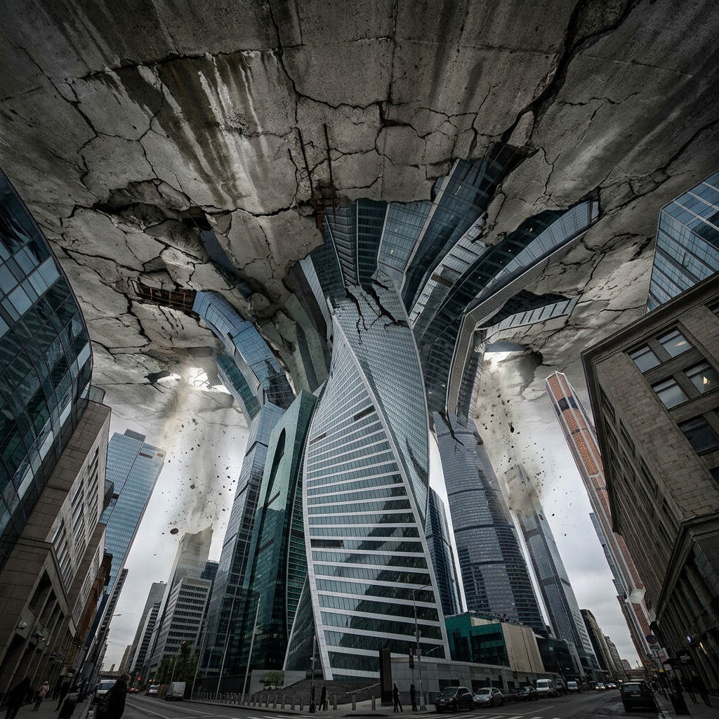 City skyscrapers merging with a cracked, collapsing concrete ceiling above the street