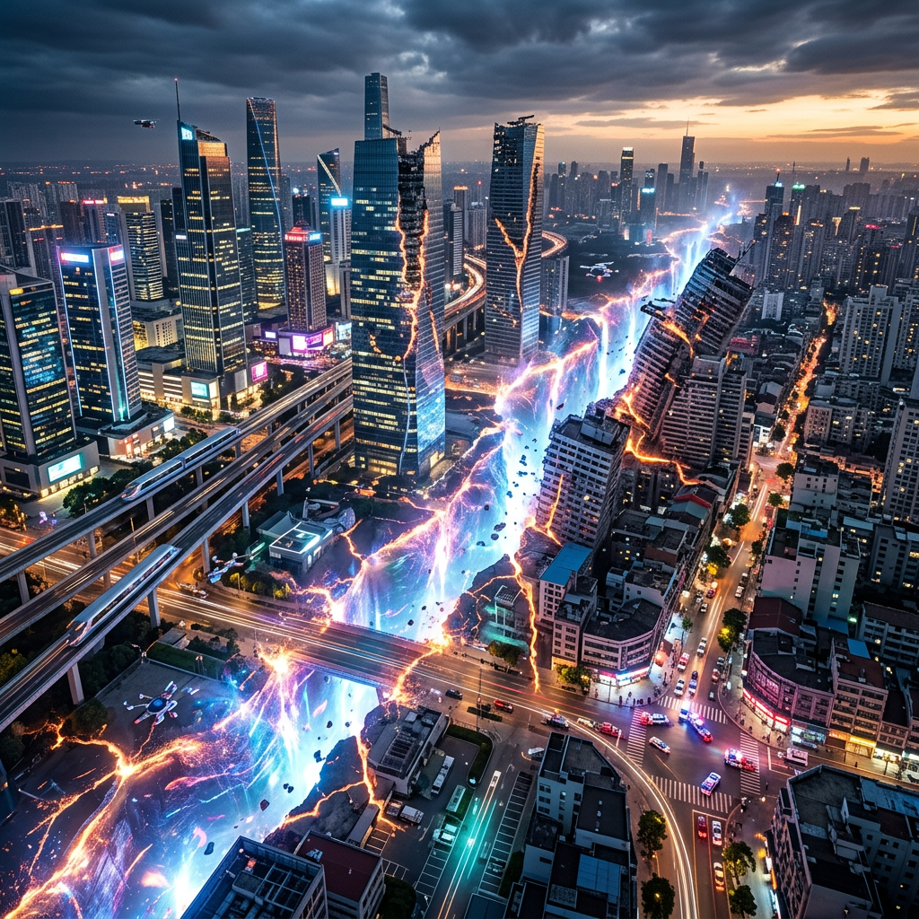 City skyline with illuminated fault lines splitting the ground and leaning skyscrapers