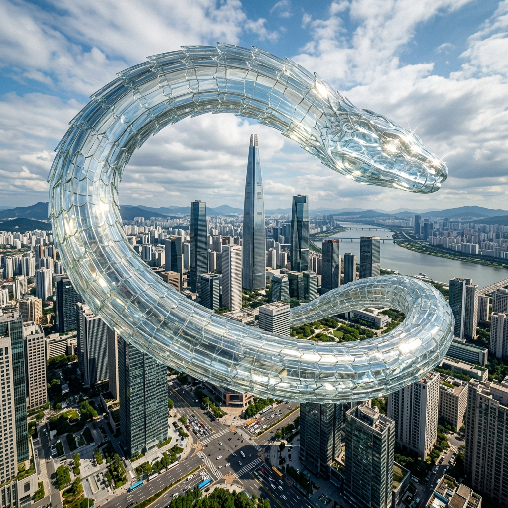 Large transparent glass serpent hovering over a city with tall buildings and a river