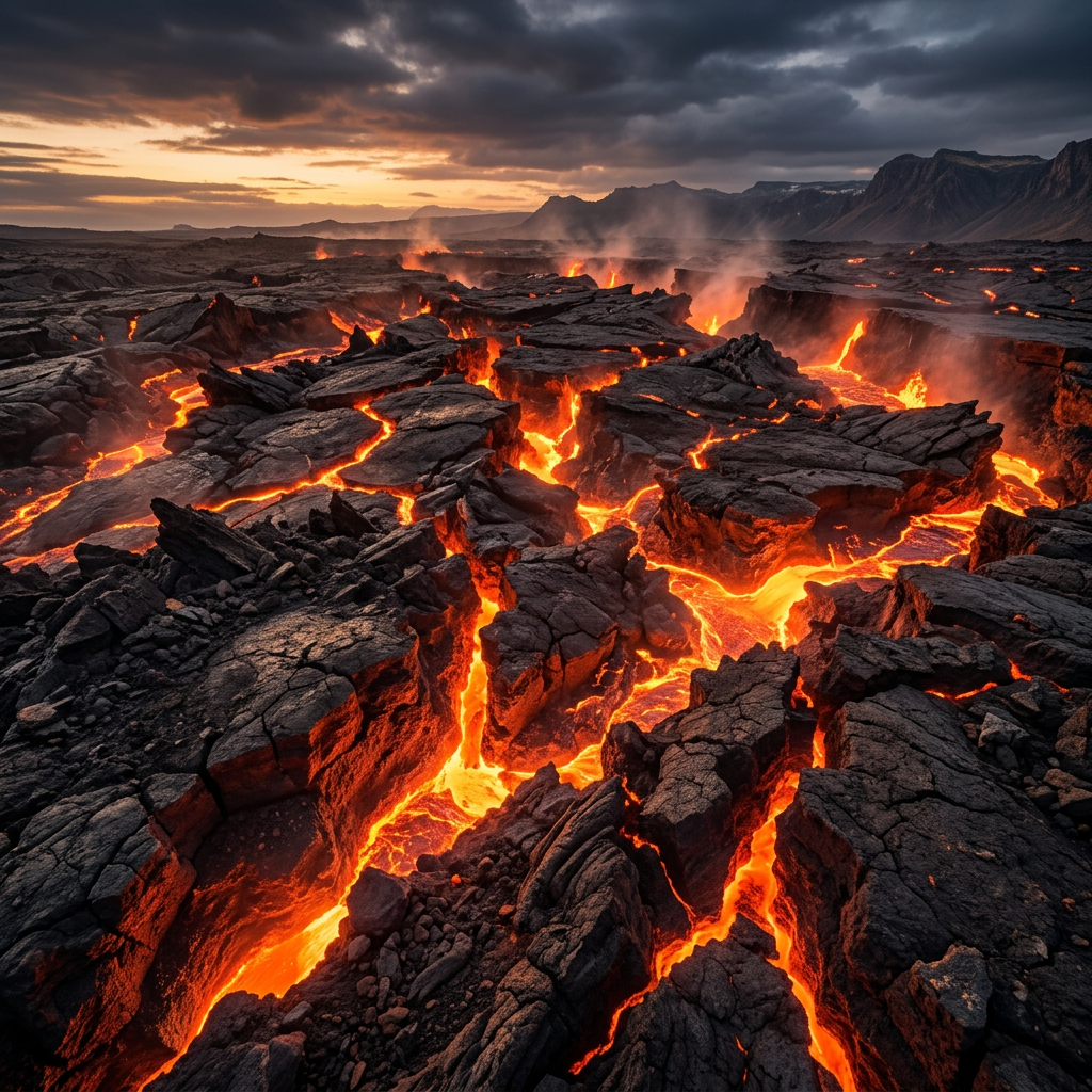 Flowing molten lava visible through cracks in volcanic rock with smoke around