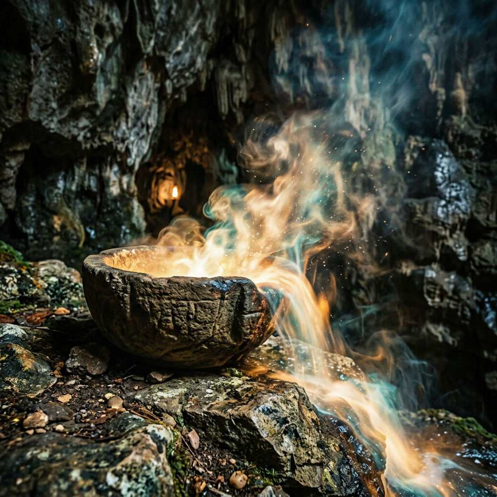Carved stone bowl with bright flames and smoke inside a cave