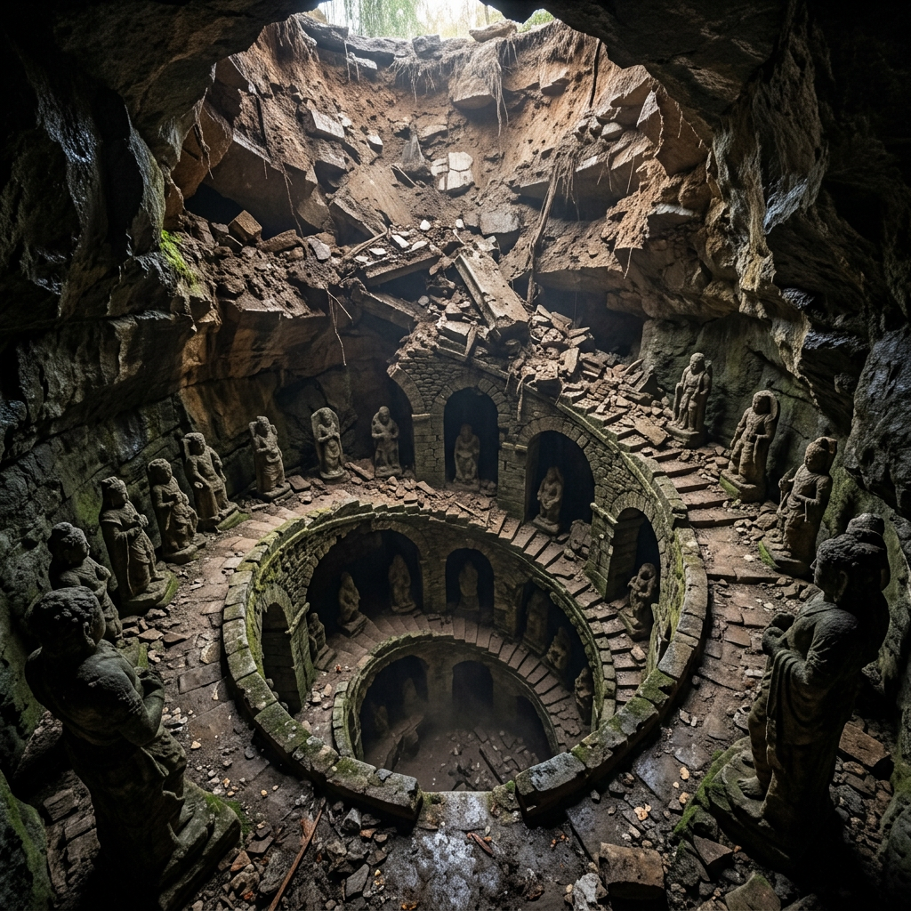 Spiral stone shrine with multiple Buddha statues inside a cave with a broken rocky ceiling