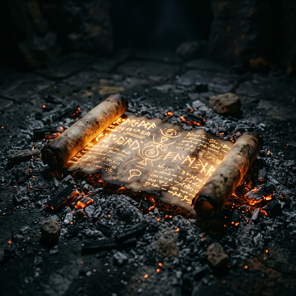 Ancient glowing scroll with magical symbols and text on ashes