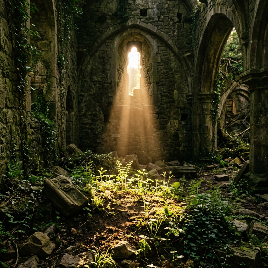 Sunbeams shining through an arched window light up small green plants growing among rubble in ancient stone ruins.