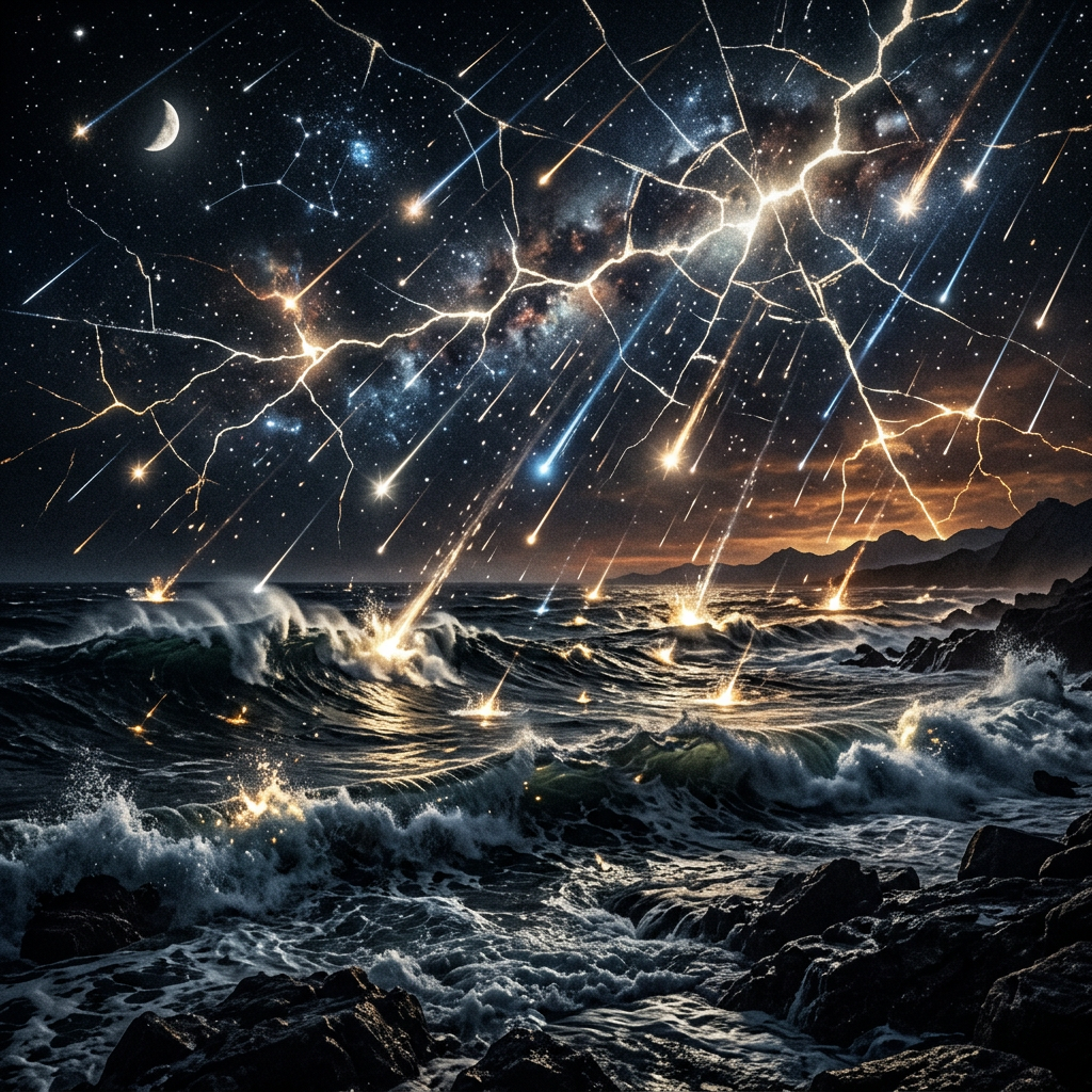 Meteor shower streaking across night sky over rough ocean waves and rocky shore