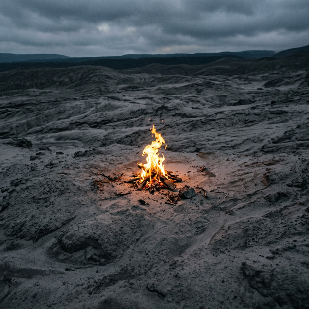 Small campfire burning on rocky ground in desolate landscape