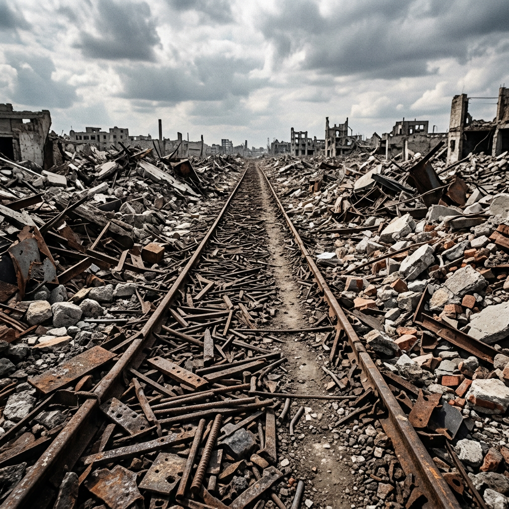 Rusty railway tracks surrounded by piles of rubble and destroyed buildings