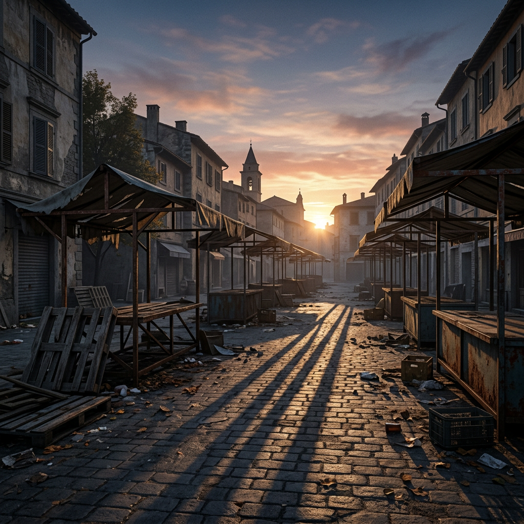 Deserted cobblestone street with empty market stalls and long shadows at sunrise