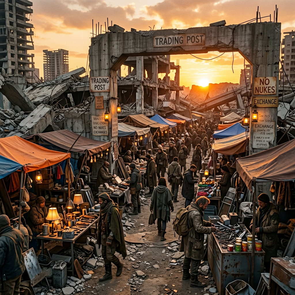 Crowded marketplace with stalls amidst ruined buildings at sunset