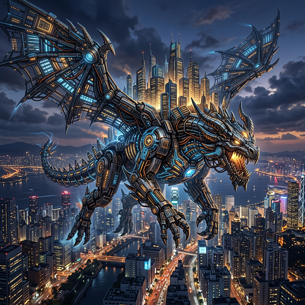 A large robotic dragon with glowing blue and orange lights flying over a futuristic cityscape at dusk