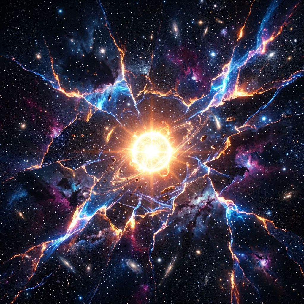 Bright cosmic explosion with radiant blue and orange energy streaks among stars and galaxies