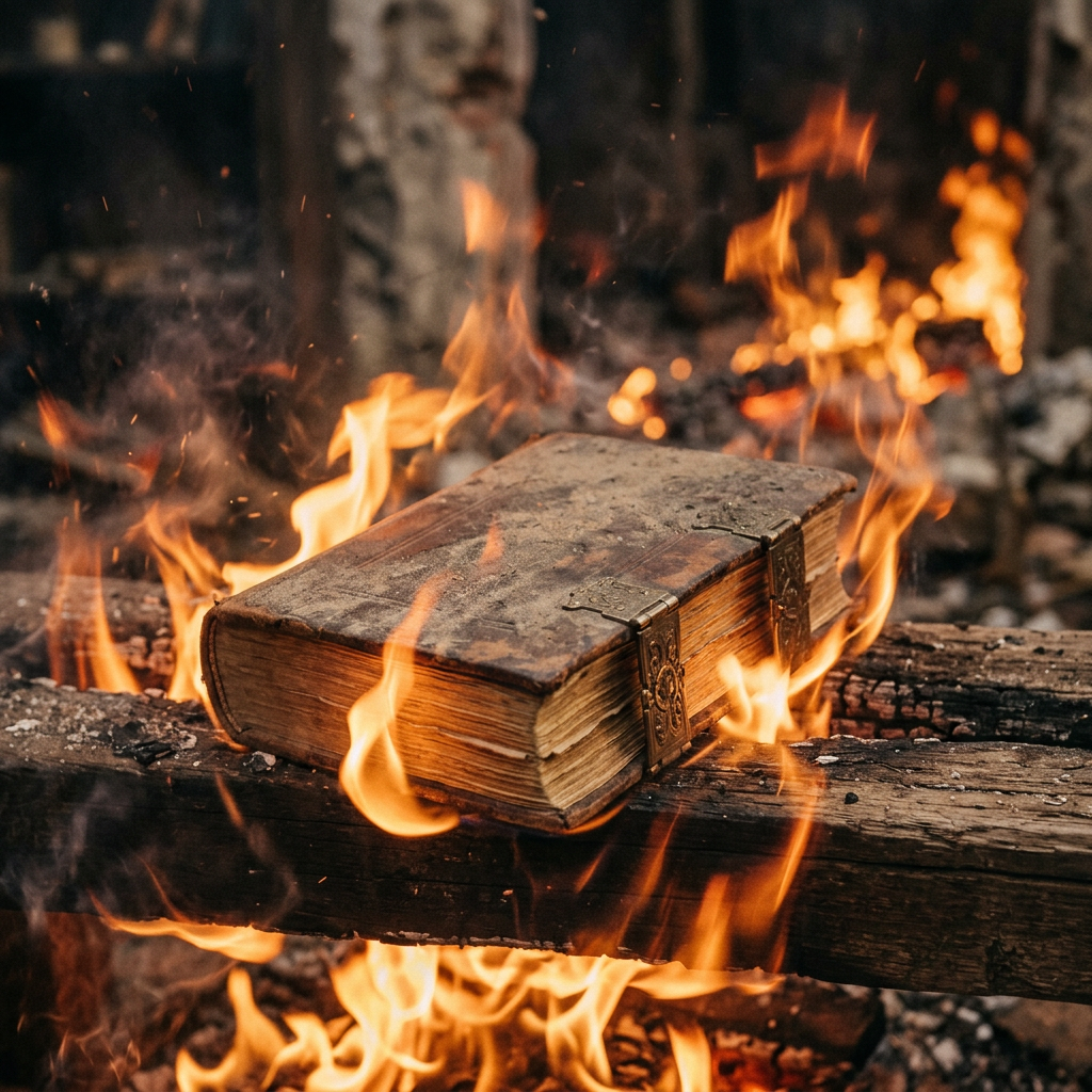 Antique leather-bound book on fire over burning logs