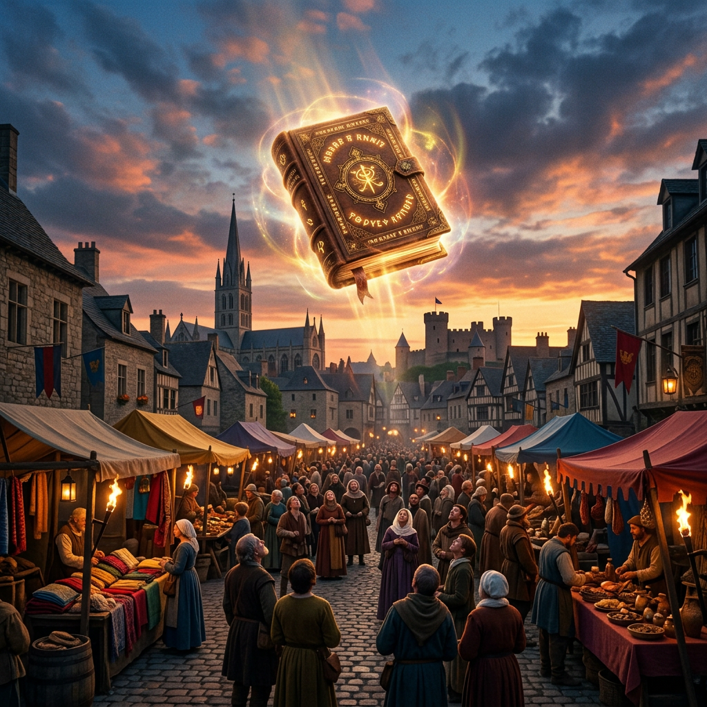 Glowing magical book hovering above medieval market with townspeople looking up