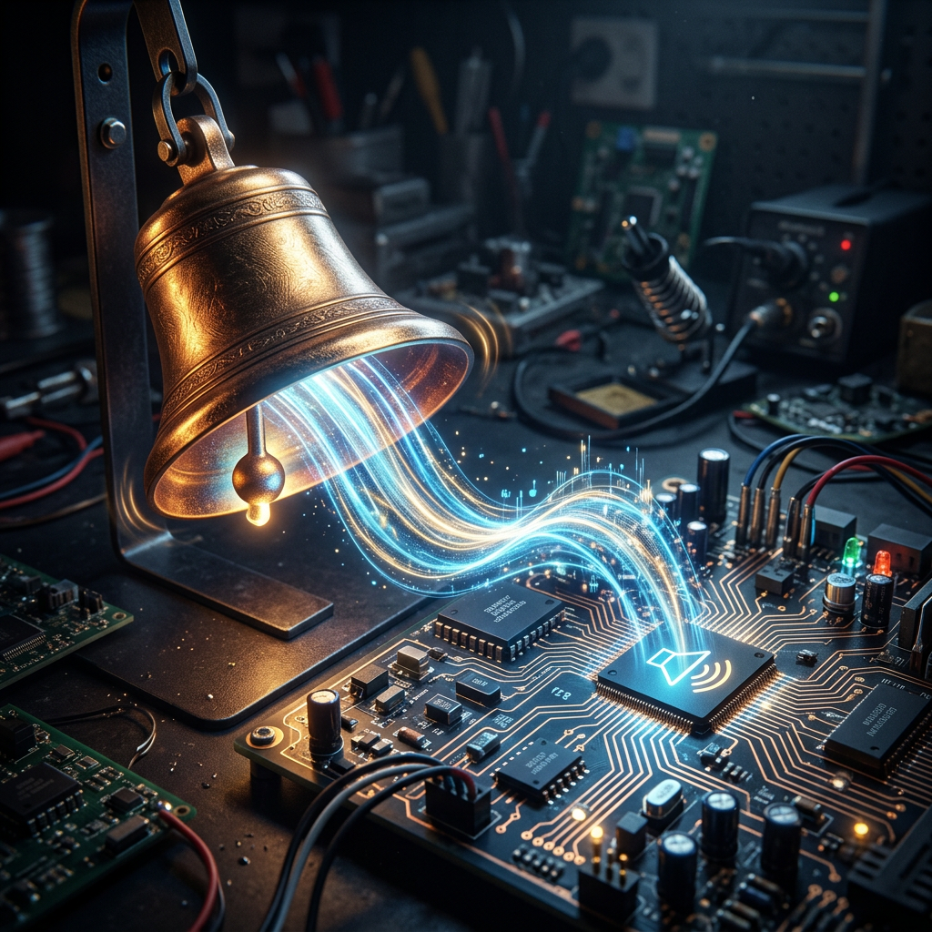 Metallic bell emitting glowing sound waves toward a sound chip on a circuit board