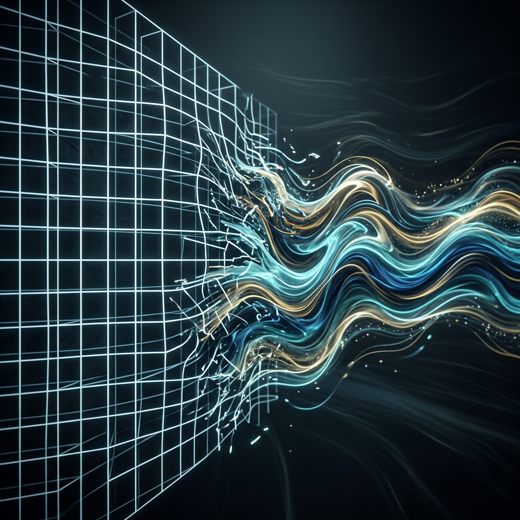 Multicolored light waves flowing through and distorting a white glowing wireframe grid