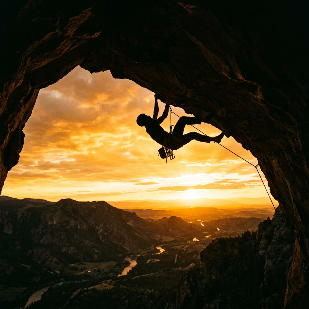 Silhouette of a rock climber ascending an overhanging cliff at sunset.