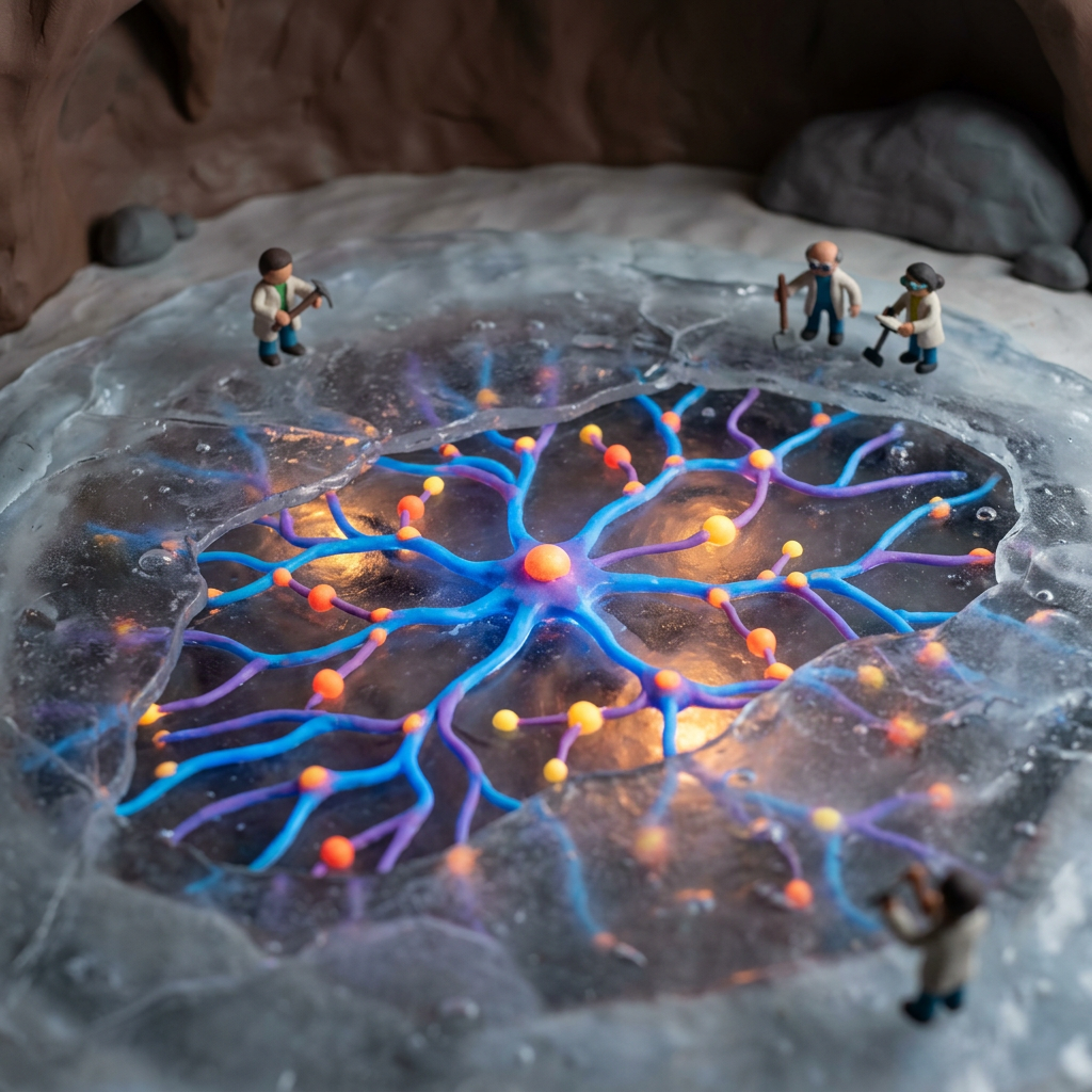 Miniature scientist figures examining a colorful glowing network embedded in ice