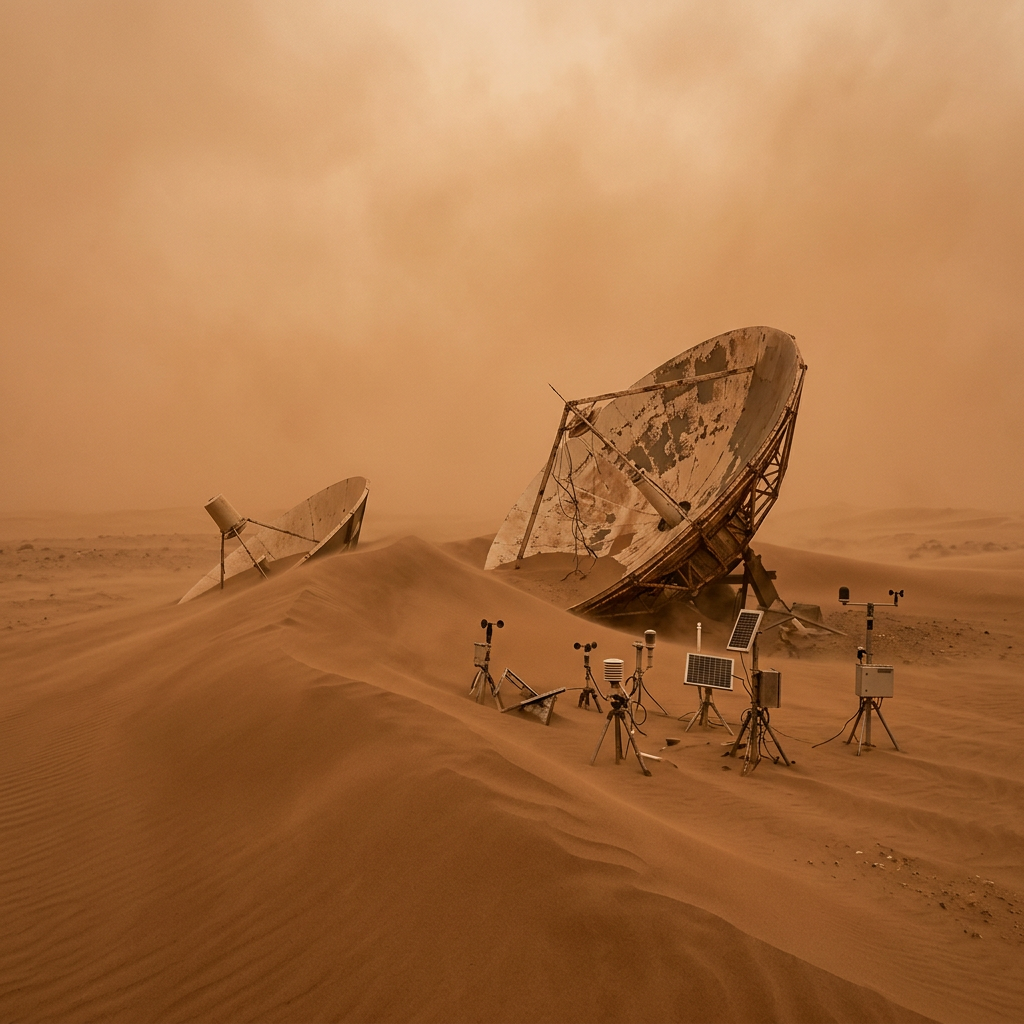 Two large rusty satellite dishes partially buried in desert sand with several small weather instruments surrounded by blowing sand and dust storm