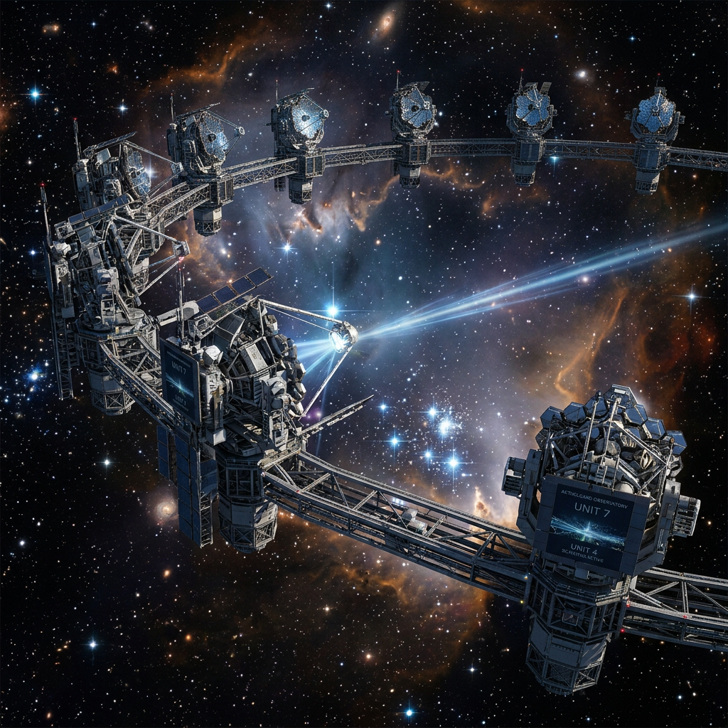Circular space observatory structure with multiple telescope units emitting beams