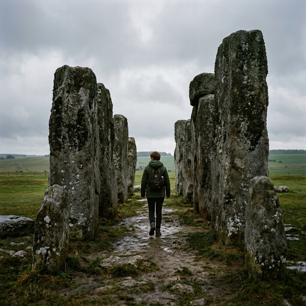 Person walking between two rows of tall ancient standing stones in a grassy field