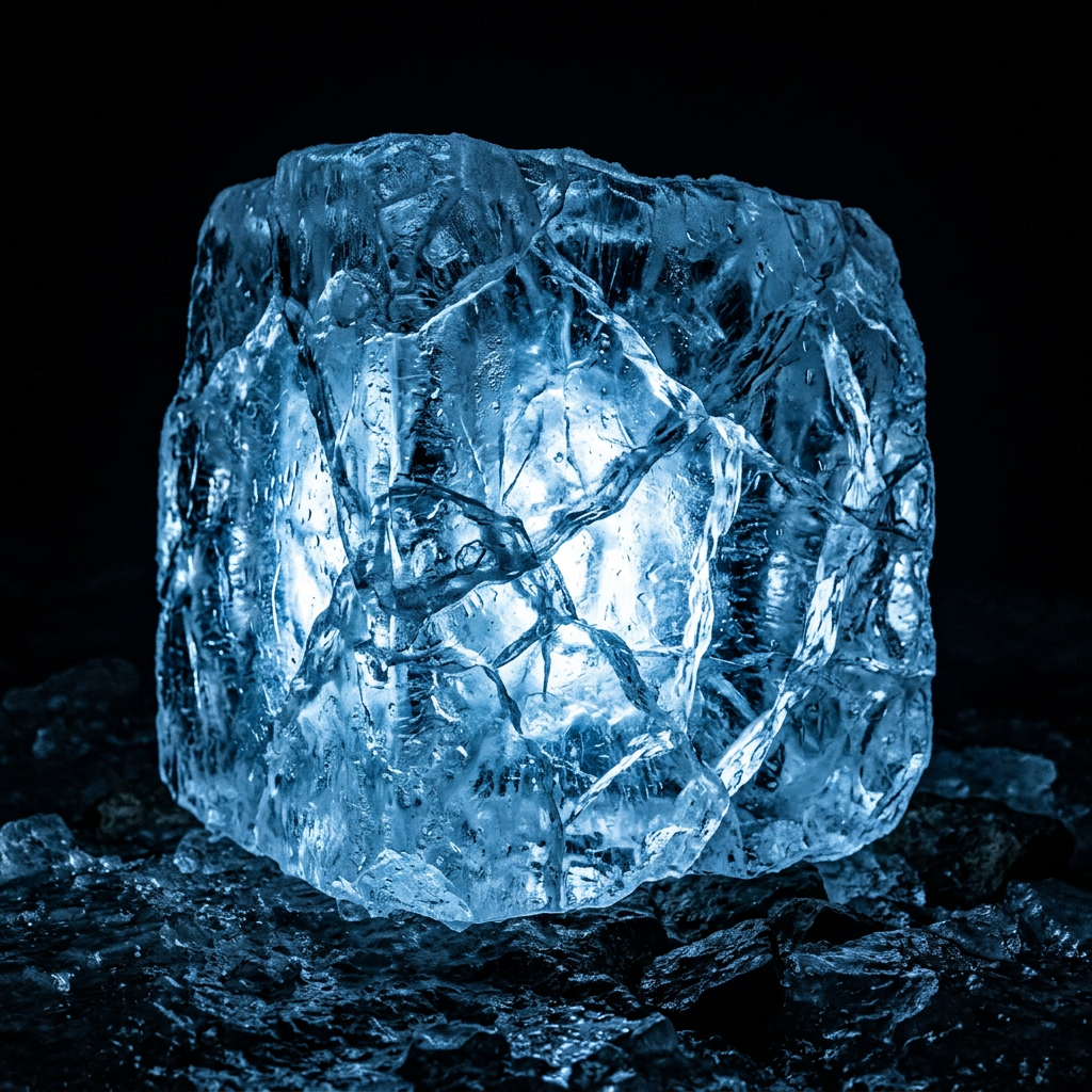 Blue glowing cracked ice cube on ice-covered ground