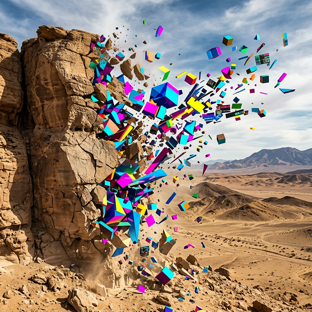 Rock formation in desert breaking apart into bright multicolored cubes and shapes