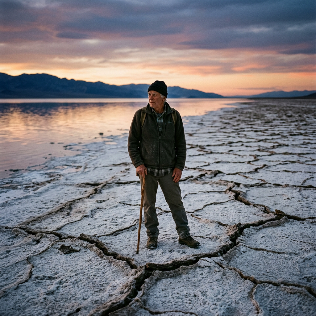 Elderly man in outdoor clothing standing on cracked salt flat by water at sunset