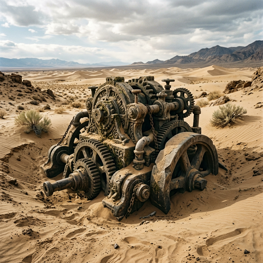 Rusty vintage machinery with gears partially buried in desert sand dunes