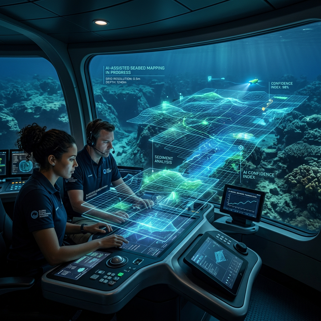 Researchers conducting AI-assisted seabed mapping at 1240 meters depth with holographic displays