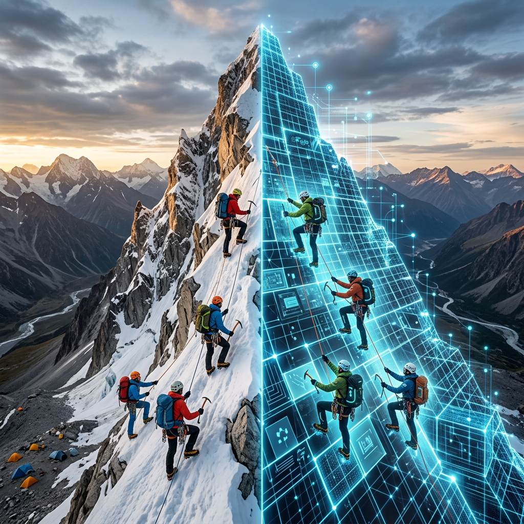 Climbers ascending a mountain with one side snowy and rocky, the other side shown as a digital grid simulation