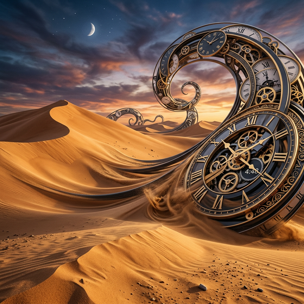 Spiraling antique clock faces with Roman numerals emerging from desert sand dunes under a crescent moon and colorful sky.