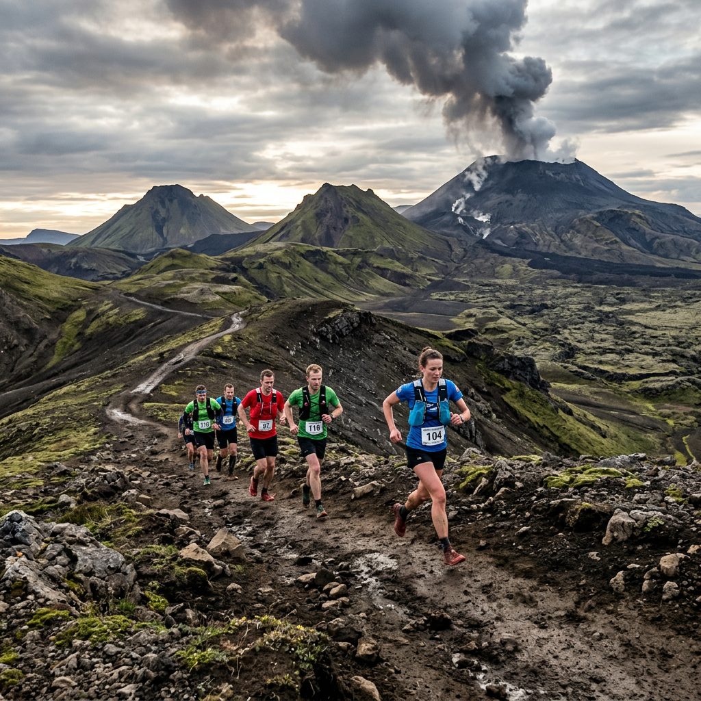 Trail runners moving uphill on rocky volcanic terrain with smoke emitting from an active volcano.