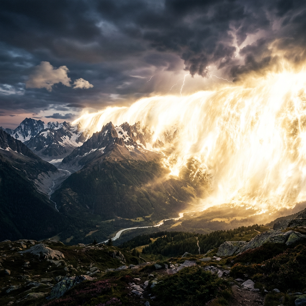 Mountain range with jagged peaks under stormy sky and bright lightning cascading down