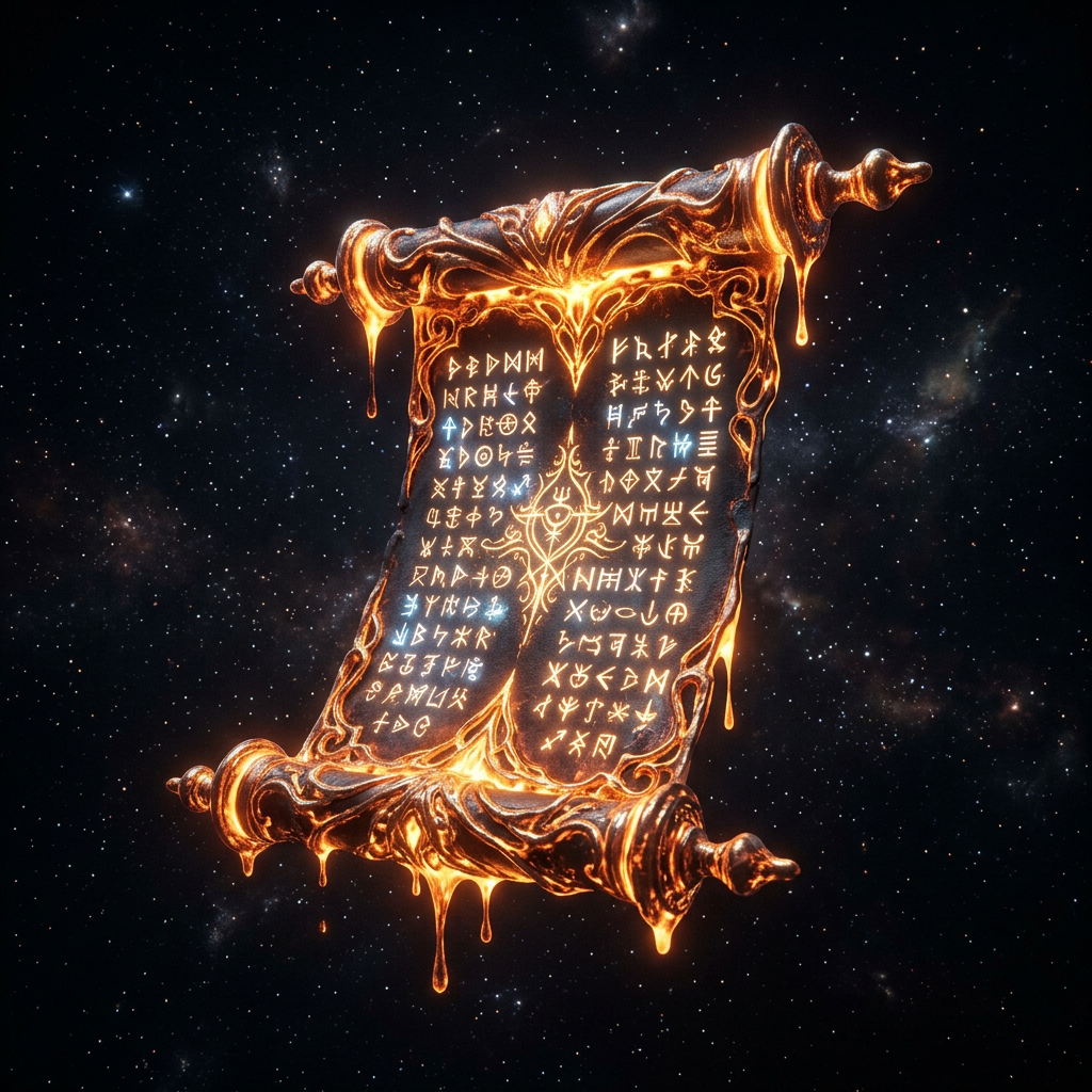 Ancient ornate scroll glowing with golden light and covered in mysterious runic symbols floating in space