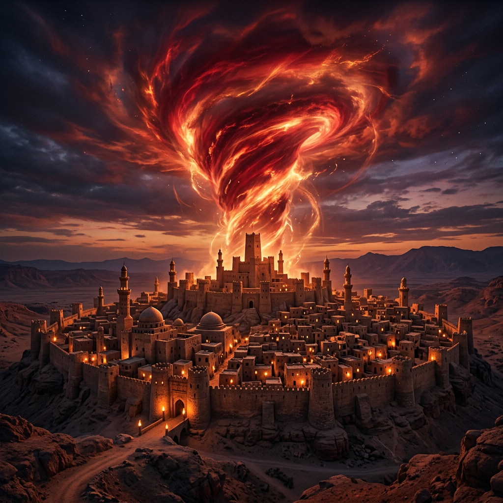 Desert city at dusk with illuminated buildings and a fiery swirling vortex above.