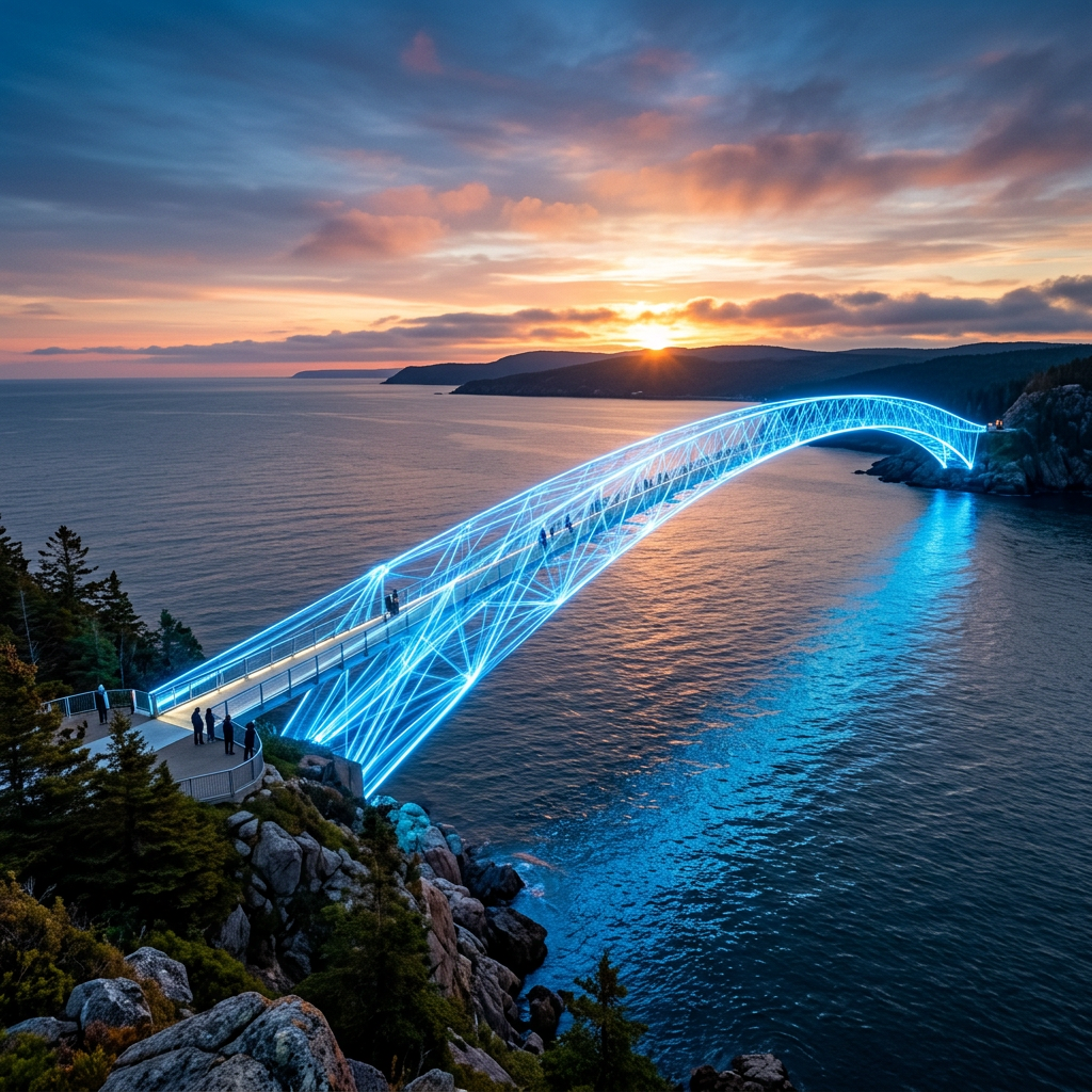 Digital neon blue framework of a pedestrian bridge over water at sunset
