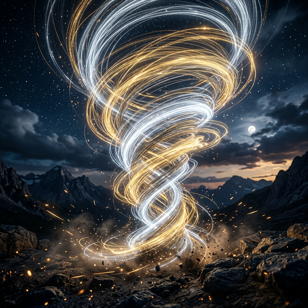Swirling white and golden light vortex above rocky ground with mountain silhouettes under night sky