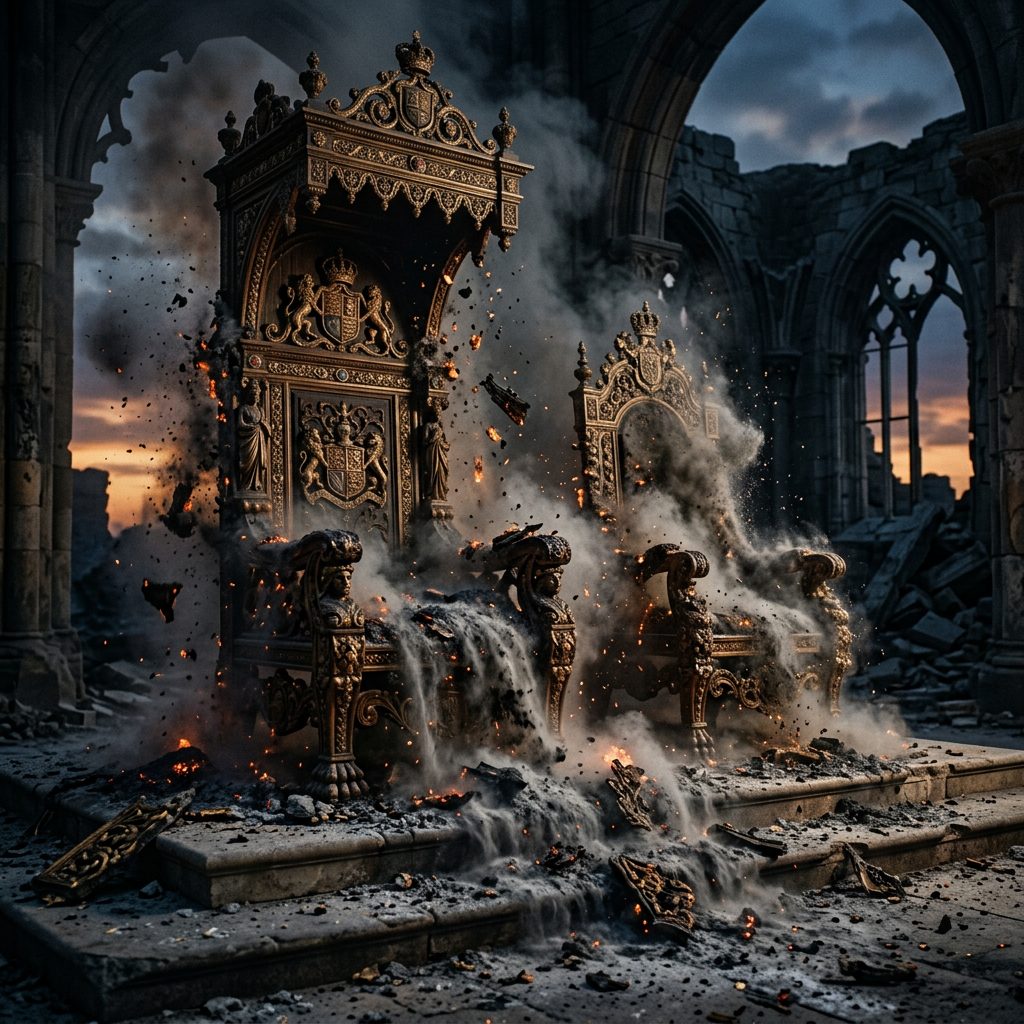 Two elaborate royal thrones with emancipation plaques burning with smoke and falling debris