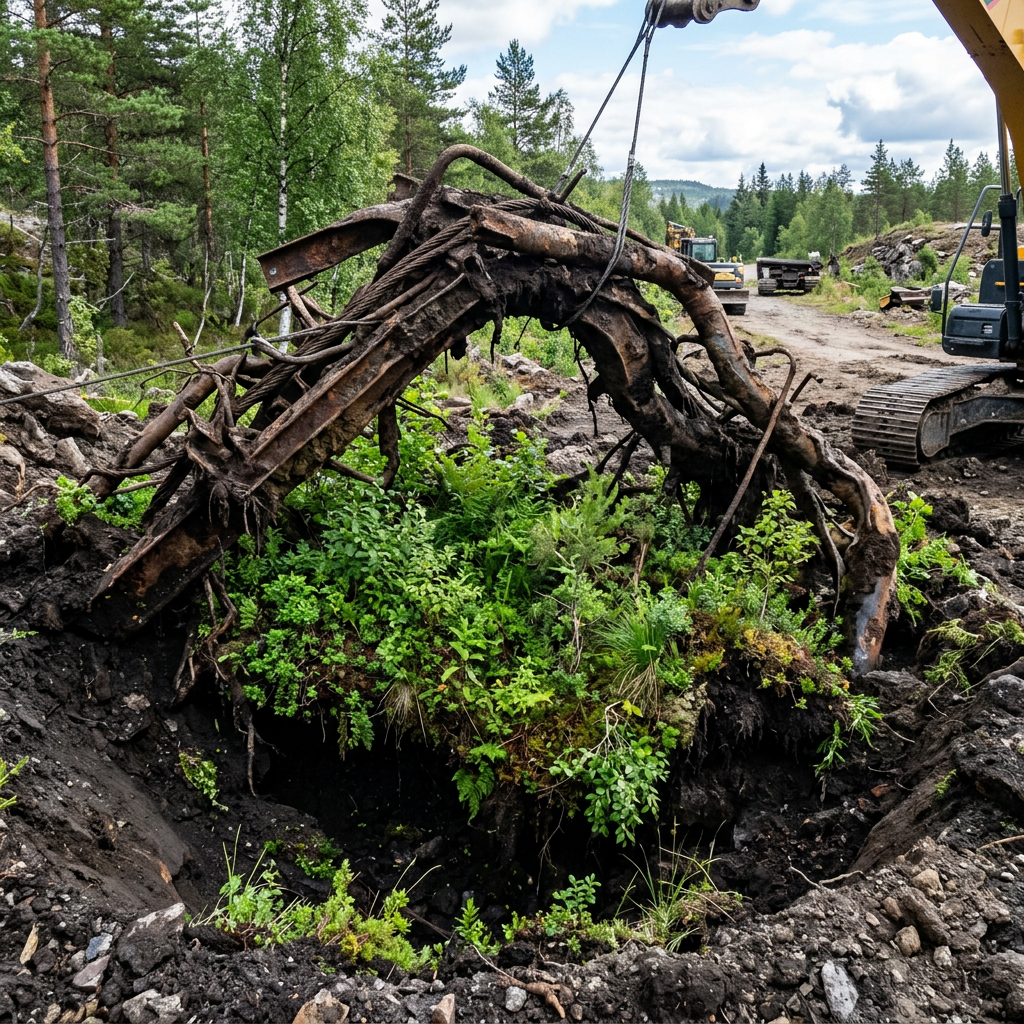 Uprooted large tree root with green plants and soil lifted by excavator
