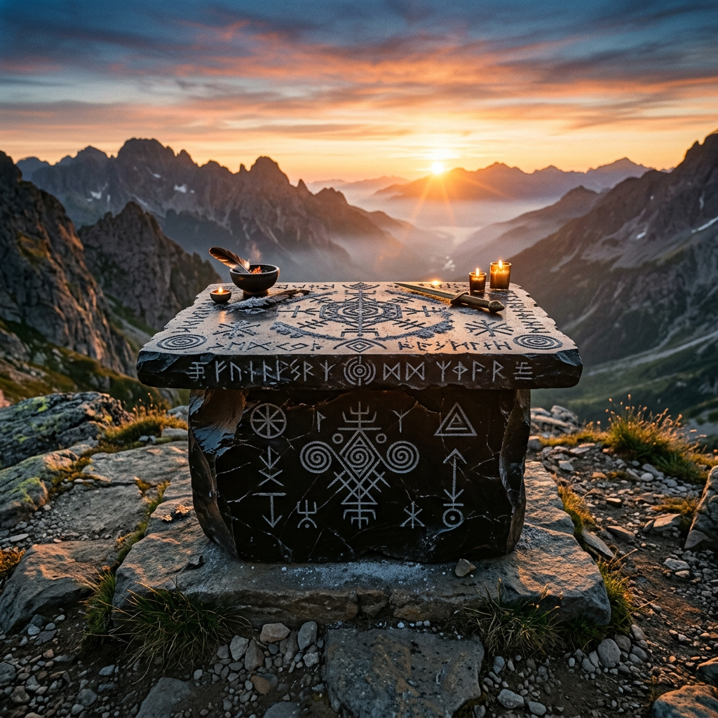 Stone altar with runes and candles on mountain during sunrise