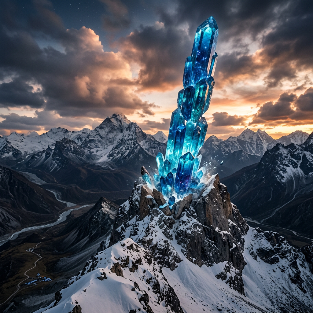 Large glowing blue crystal formation growing from snow-covered mountain summit during sunset